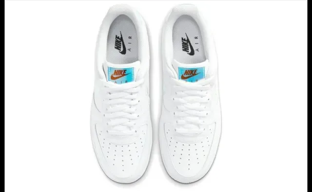 Nike Air Force 1 White Blue Pixelated Swoosh Iridescent Heel Tab Lifestyle Sneakers 4