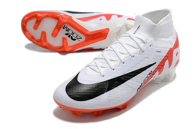Nike Air Zoom Blanco Naranja Alto Corte Cuello Ajuste de Calcetín Flyknit Superior Suelo Firme Zapatos de Fútbol 4