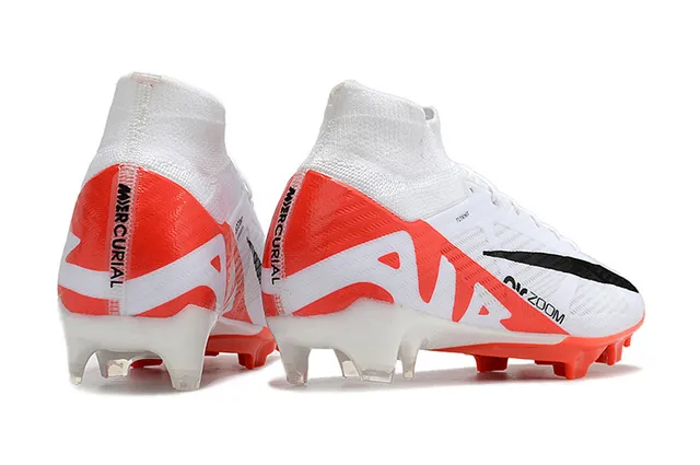 Nike Air Zoom Blanco Naranja Alto Corte Cuello Ajuste de Calcetín Flyknit Superior Suelo Firme Zapatos de Fútbol 5