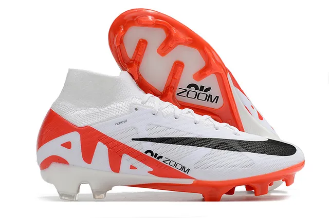 Nike Air Zoom Blanco Naranja Alto Corte Cuello Ajuste de Calcetín Flyknit Superior Suelo Firme Zapatos de Fútbol 6