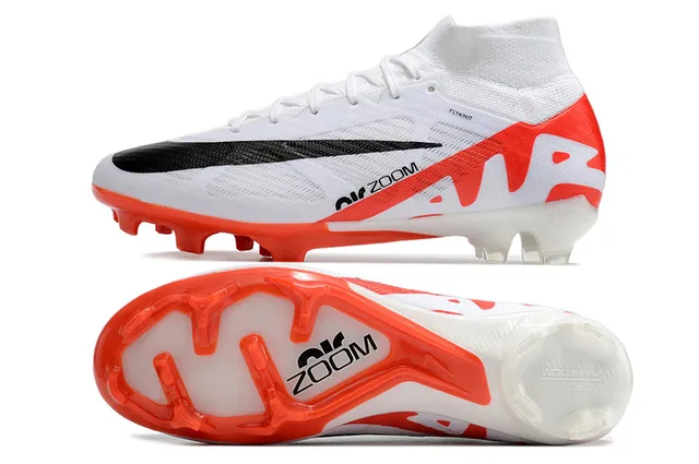 Nike Air Zoom Blanco Naranja Alto Corte Cuello Ajuste de Calcetín Flyknit Superior Suelo Firme Zapatos de Fútbol 7
