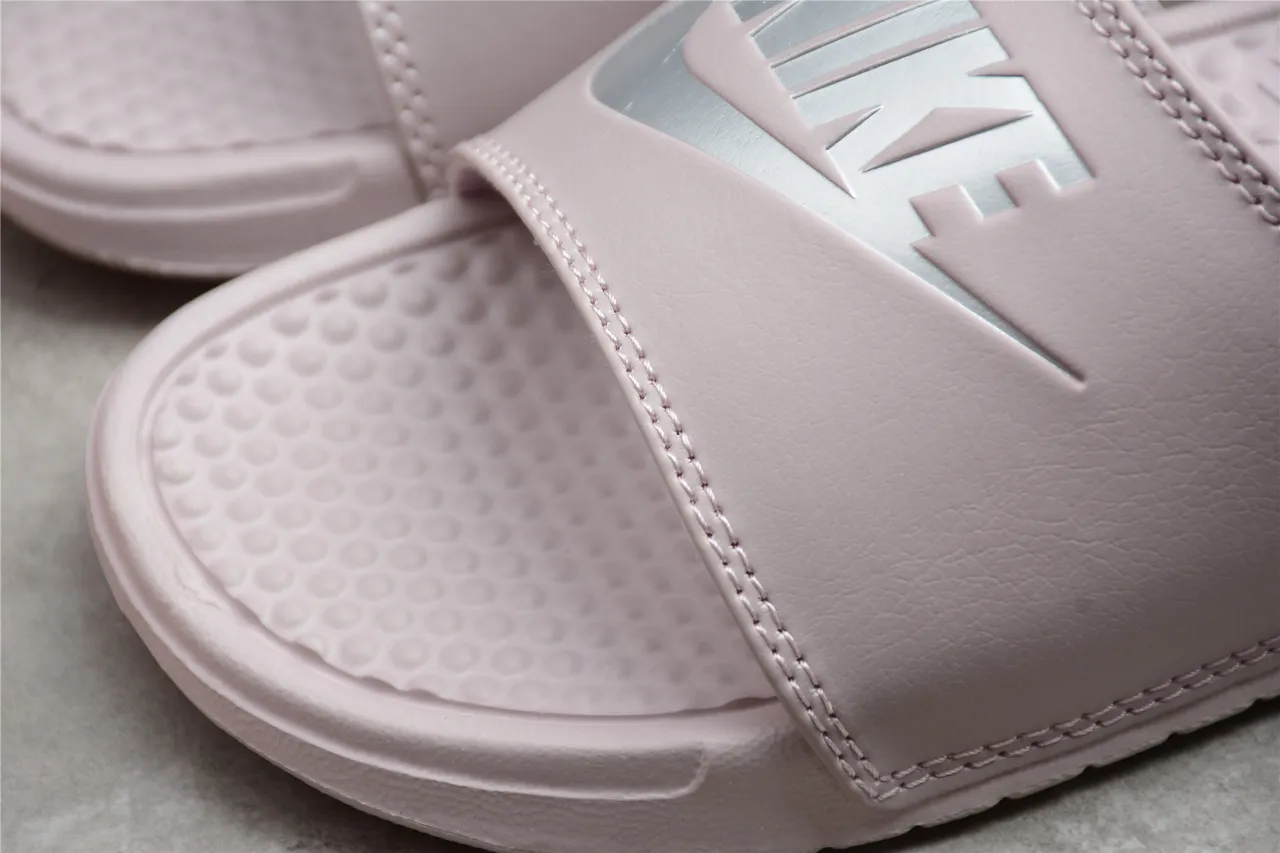 Nike Benassi Pink Silver Single-Strap Slide Molded Footbed Slippers 6