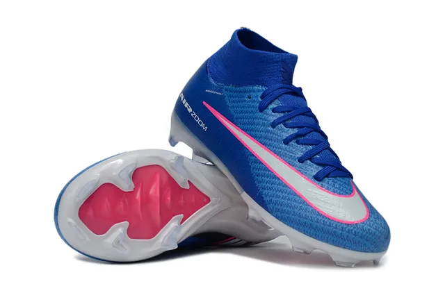 Nike Sapatos de futebol azul rosa de corte alto com upper de knit, gola de ajuste de meia e sola para gramado firme 2