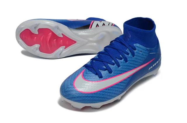 Nike Sapatos de futebol azul rosa de corte alto com upper de knit, gola de ajuste de meia e sola para gramado firme 3