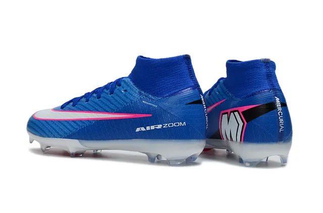 Nike Sapatos de futebol azul rosa de corte alto com upper de knit, gola de ajuste de meia e sola para gramado firme 4