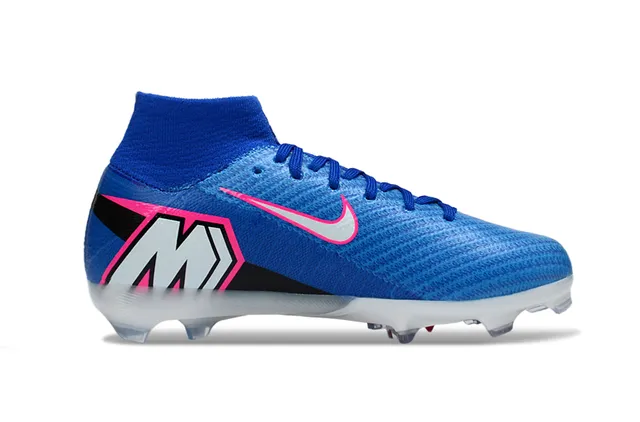 Nike Sapatos de futebol azul rosa de corte alto com upper de knit, gola de ajuste de meia e sola para gramado firme 5
