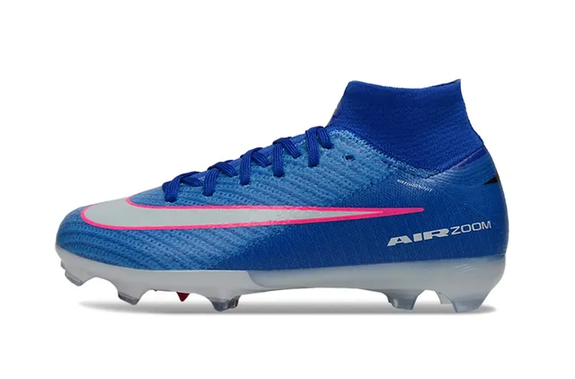 Nike Sapatos de futebol azul rosa de corte alto com upper de knit, gola de ajuste de meia e sola para gramado firme 6
