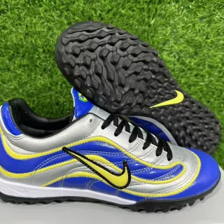 Nike नीला चांदी कम-कट लेस-अप सिंथेटिक वेव ओवरले टर्फ फुटबॉल जूते