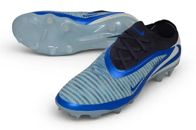 Nike Chaussures de football bleu blanc upper knit integrated cage overlay terrain ferme 4