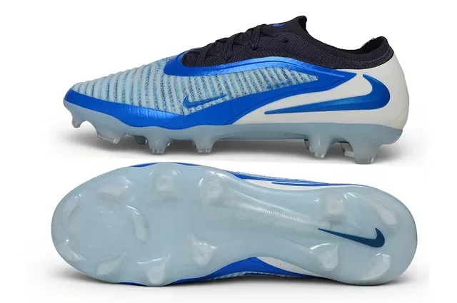 Nike Chaussures de football bleu blanc upper knit integrated cage overlay terrain ferme 6