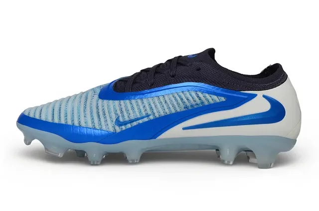 Nike Chaussures de football bleu blanc upper knit integrated cage overlay terrain ferme 7