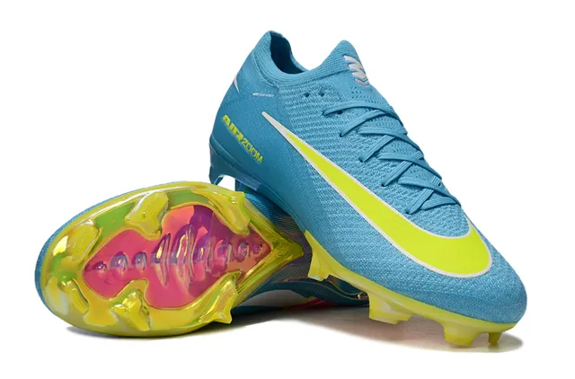 Nike Blue Yellow Knit Upper Transparent Heel Plate Firm-Ground Soccer Shoes 3