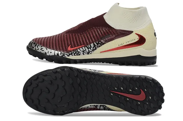 Nike Burgundy Beige Sock-Fit Knit Upper Low-Cut Ankle Collar Turf Soccer Shoes 5