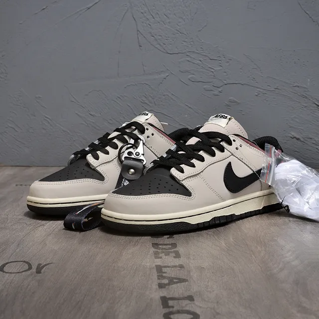 Nike Dunk Low Beige Black Perforated Toe Lifestyle Sneakers 4