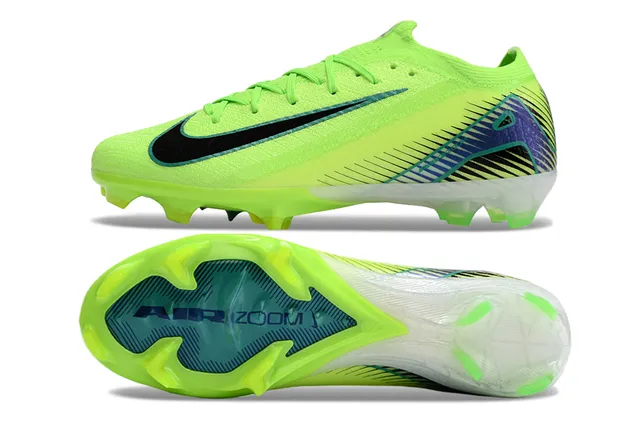 Nike Mercurial Vapor Green Blue Neon Lime Knit Upper Black Swoosh Overlay Firm-Ground Soccer Shoes 6