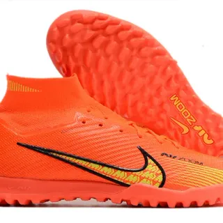 Nike Zapatillas de fútbol con upper de knit de ajuste a calcetín color naranja y amarillo high-top ankle collar para turf