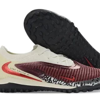 Nike Phantom GT Beige Burgundy Knit Upper Textured Maroon Cage Overlay Turf Soccer Shoes