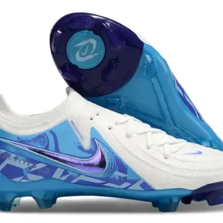 Nike Phantom GT أحذية كرة القدم Firm-Ground أبيض وأزرق Knit Upper رسم بياني iridescent