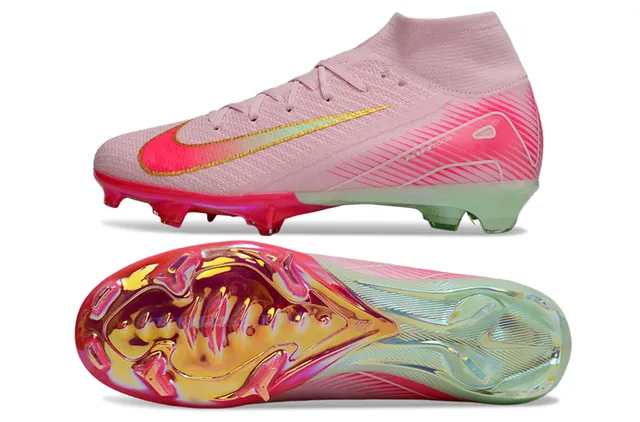 Nike Pink Gold High-Cut Flyknit Upper Asymmetrical Lacing Firm-Ground Soccer Shoes 5