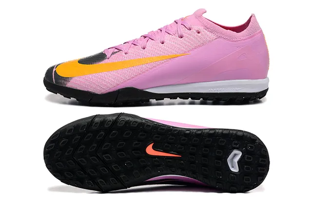 Nike أحذية كرة القدم على العشب باللون الوردي والبرتقالي منخفضة القطع ذات الجزء العلوي المحبوك والربط غير المنتظم 9