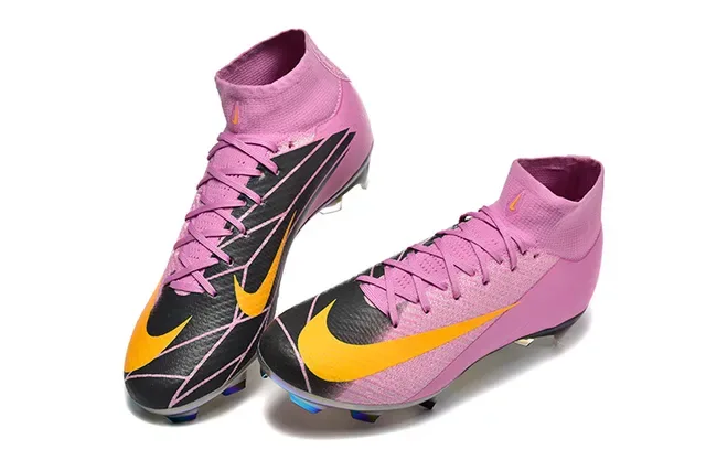 Nike Pink Yellow High-Top Sock-Fit Upper Iridescent Chrome Soleplate Firm-Ground Soccer Shoes 2