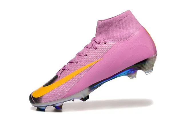 Nike Pink Yellow High-Top Sock-Fit Upper Iridescent Chrome Soleplate Firm-Ground Soccer Shoes 4