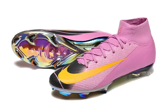Nike Pink Yellow High-Top Sock-Fit Upper Iridescent Chrome Soleplate Firm-Ground Soccer Shoes 6