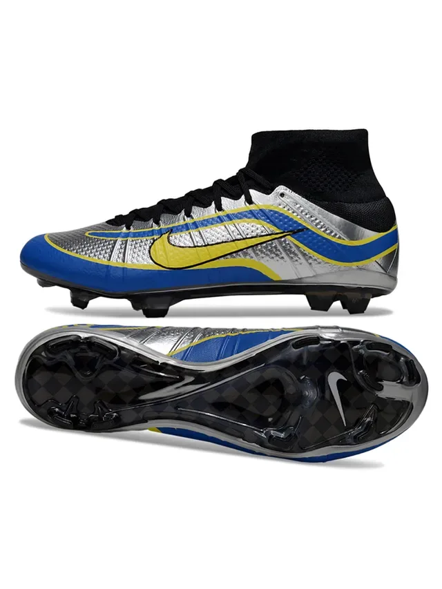 Nike Plata Azul Alto Corte Cuello Ajuste Calcetín Superior Texturizada Metálica Zapatos Fútbol Suelo Firme 2