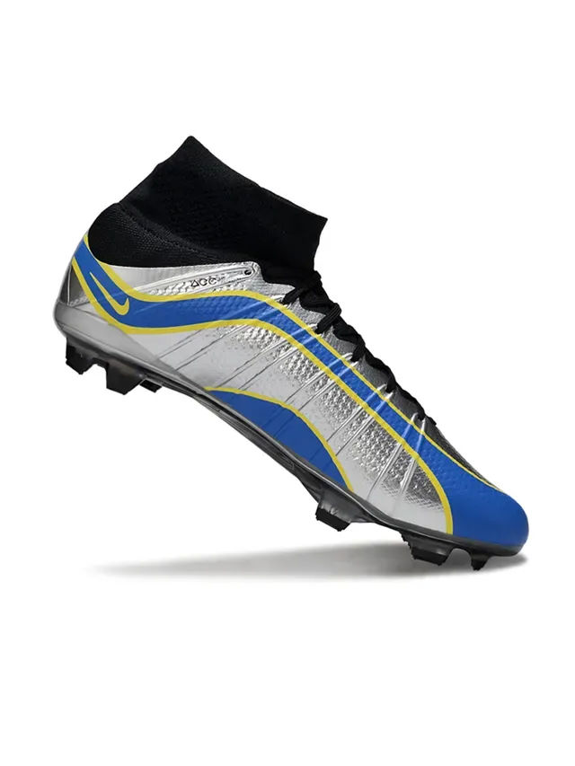 Nike Plata Azul Alto Corte Cuello Ajuste Calcetín Superior Texturizada Metálica Zapatos Fútbol Suelo Firme 3