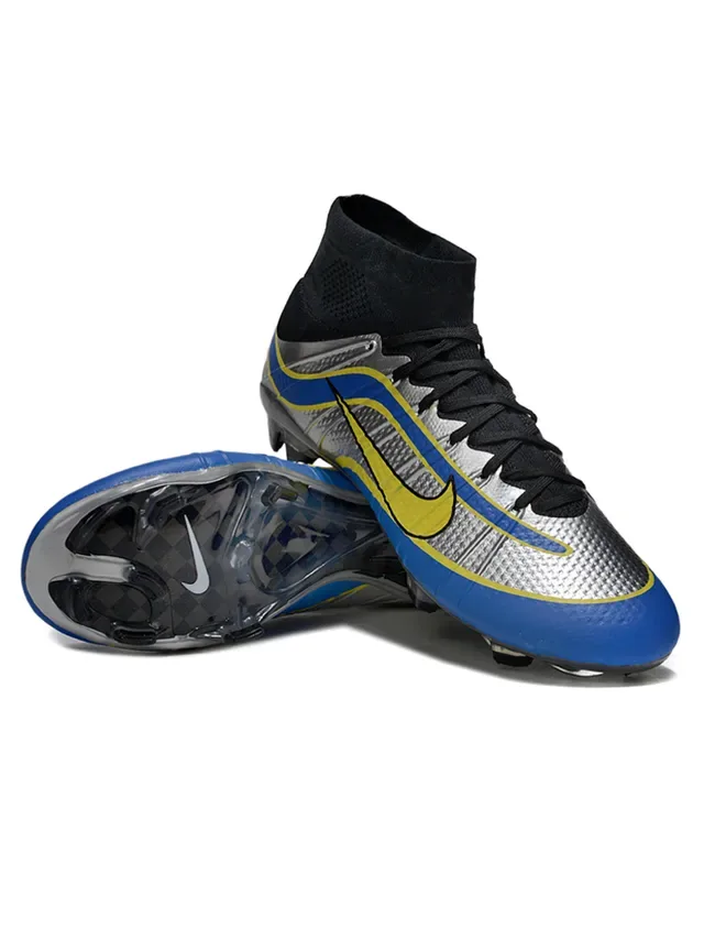 Nike Plata Azul Alto Corte Cuello Ajuste Calcetín Superior Texturizada Metálica Zapatos Fútbol Suelo Firme 4