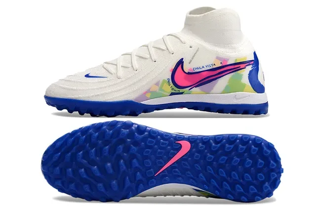 Nike White Blue High-Top Sock-Fit Collar Multicolor Abstract Graphic Print Turf Soccer Shoes 6