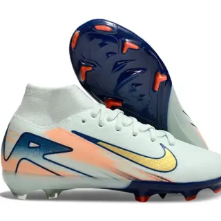 Nike White Navy High-Cut Sock-Fit Collar Molded Studs Firm-Ground Soccer Shoes