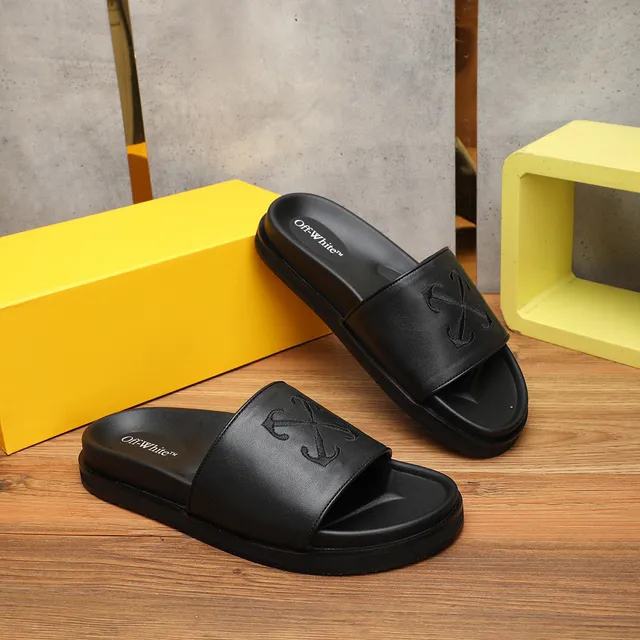 Off-White Slide Black Leather-Look Strap Platform Slippers 4