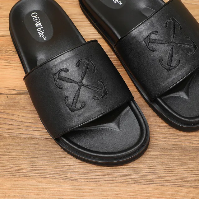 Off-White Slide Black Leather-Look Strap Platform Slippers 6