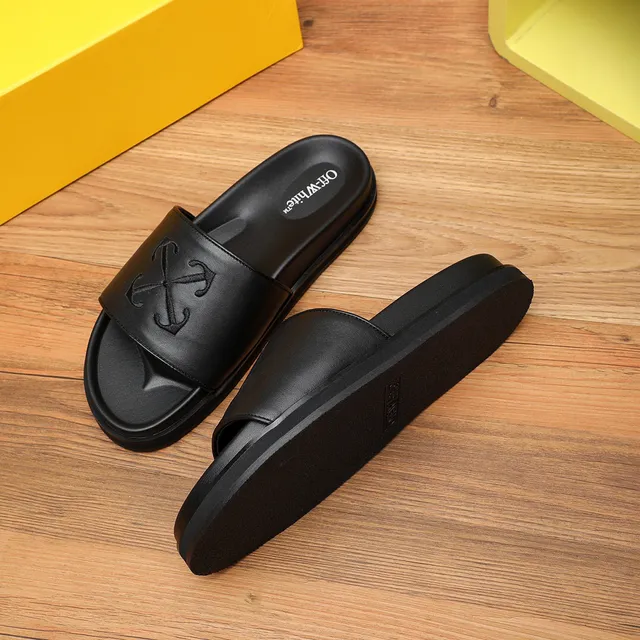 Off-White Slide Black Leather-Look Strap Platform Slippers 7