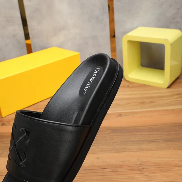 Off-White Slide Black Leather-Look Strap Platform Slippers 8