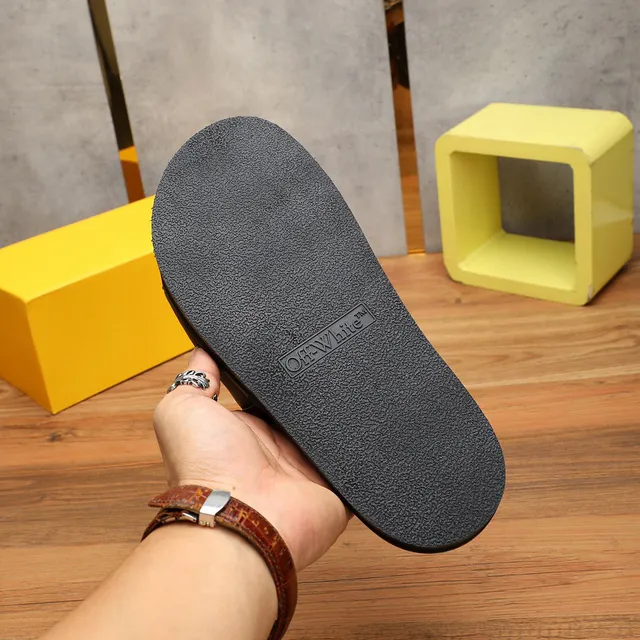 Off-White Slide Black Leather-Look Strap Platform Slippers 9