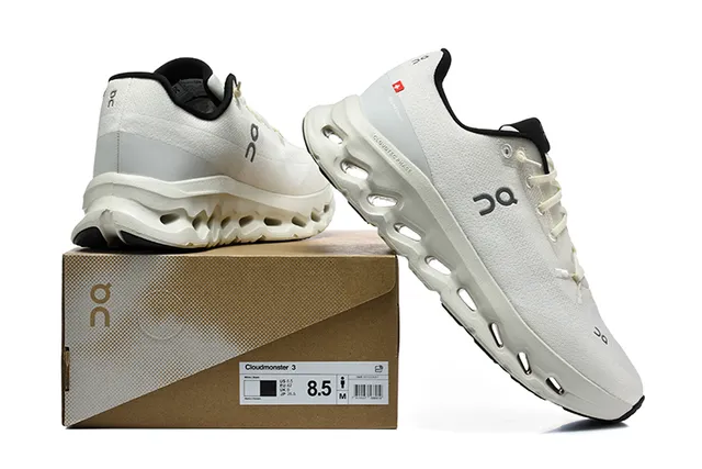 On Cloudmonster Beige and Black Running Shoes 2