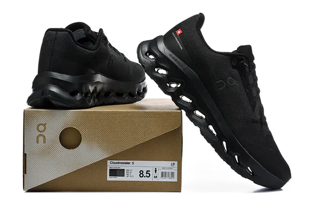 On Cloudmonster Beige and Black Running Shoes 7