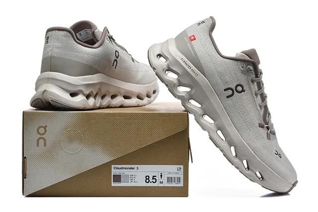On Cloudmonster Beige and Black Running Shoes 19