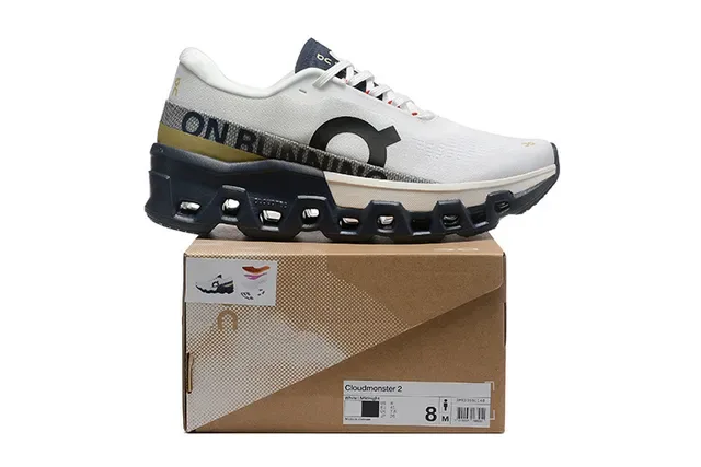 On Cloudmonster White Navy Gold Running Shoes 2