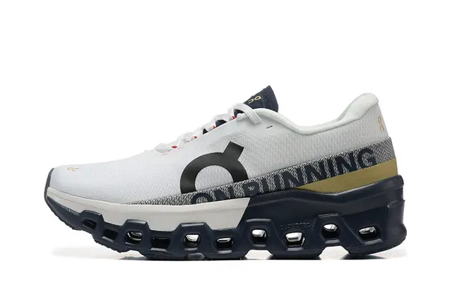 On Cloudmonster White Navy Gold Running Shoes 5