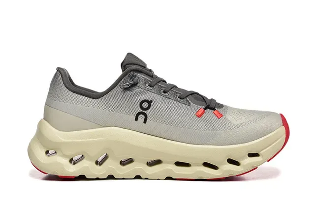 On Gray Beige Engineered Mesh Upper Open Hexagonal CloudTec Pods Running Shoes 3