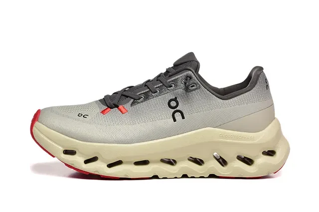 On Gray Beige Engineered Mesh Upper Open Hexagonal CloudTec Pods Running Shoes 4