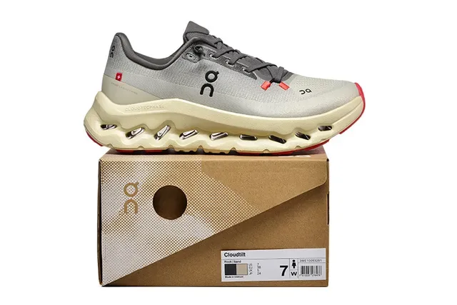 On Gray Beige Engineered Mesh Upper Open Hexagonal CloudTec Pods Running Shoes 5