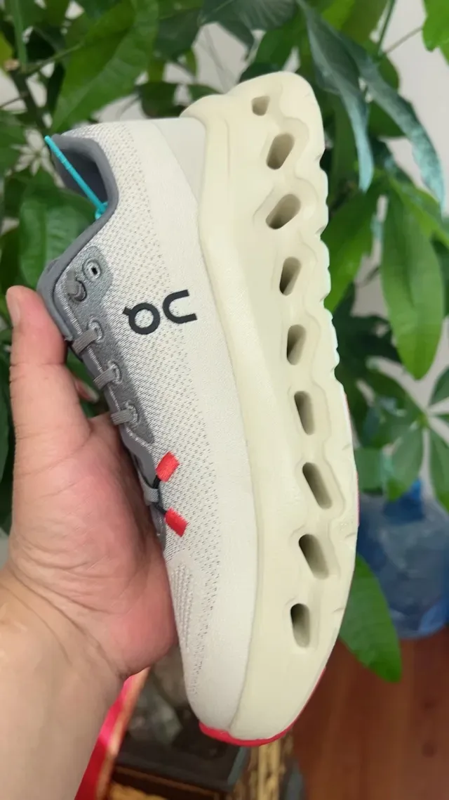 On Gray Beige Engineered Mesh Upper Open Hexagonal CloudTec Pods Running Shoes 6
