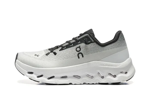 On Gray Black Engineered Knit Upper CloudTec Podded Midsole Running Shoes 5
