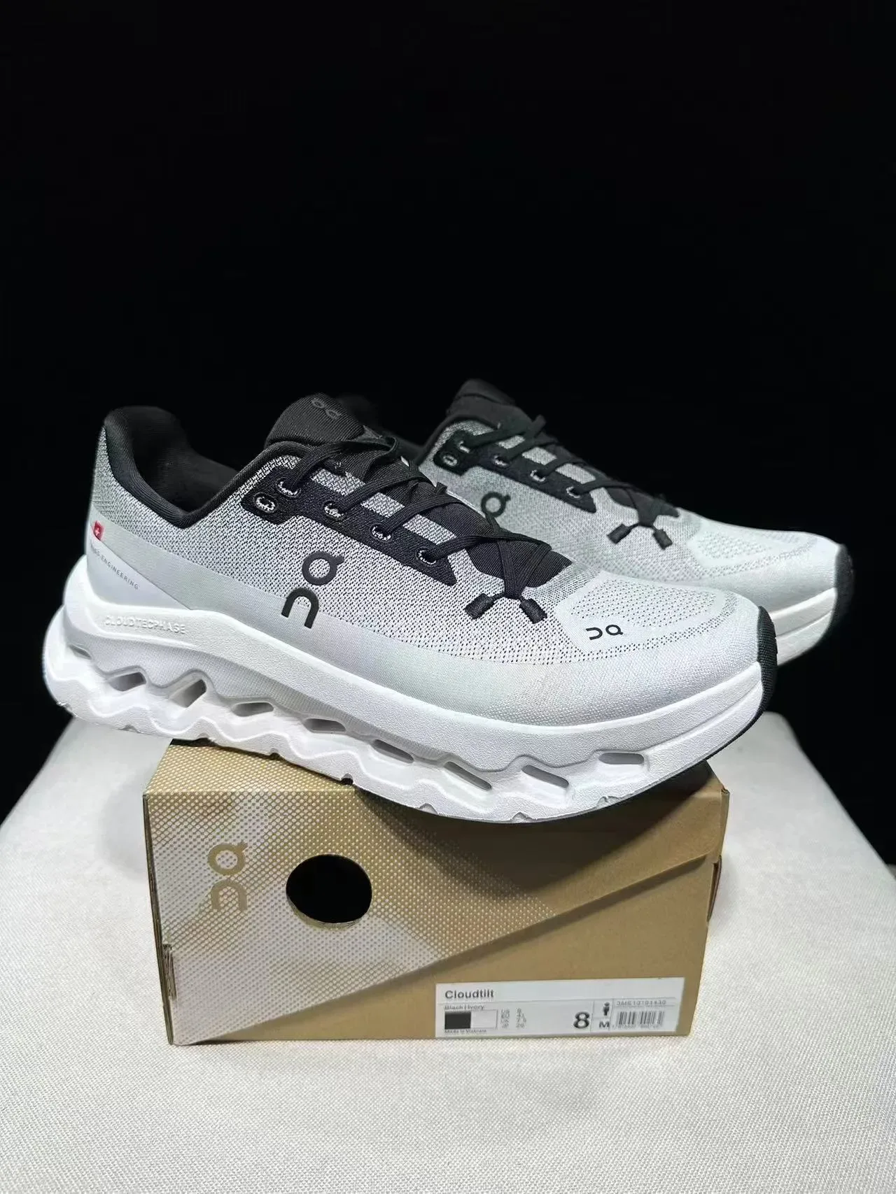 On Gray Black Engineered Knit Upper CloudTec Podded Midsole Running Shoes 11