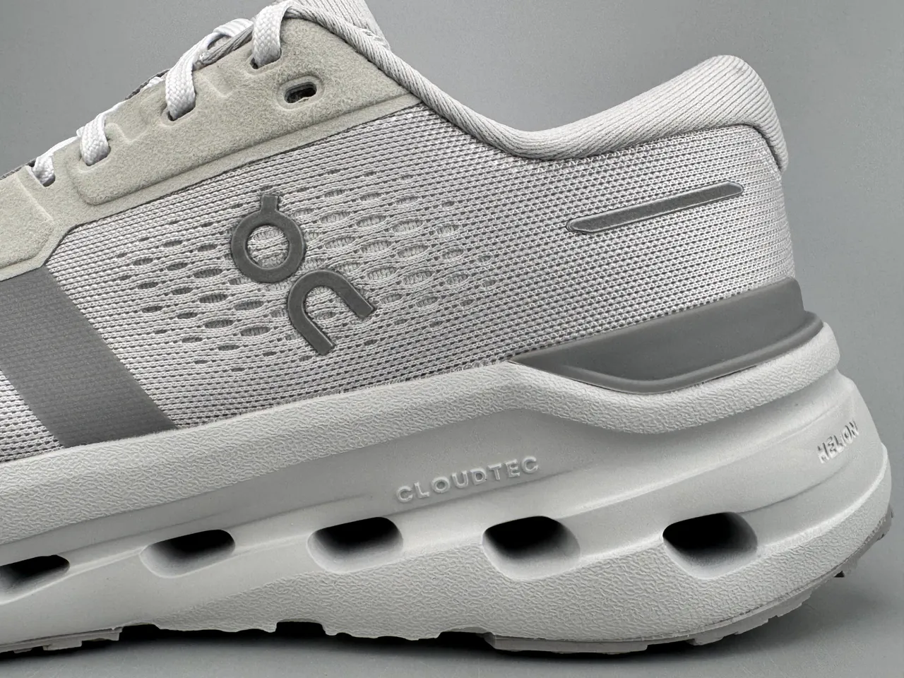 On Gray White Engineered Mesh Upper Open Hexagonal CloudTec Pods Running Shoes 5
