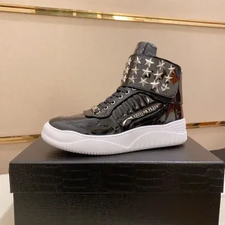 Philipp Plein Black White Glossy Patent Star-Studded Ankle Strap Lifestyle Sneakers